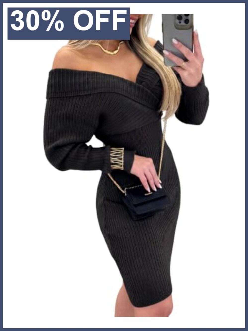 Off Shoulder Sweater Dress V Neck Long Sleeve Fall Bodycon Midi Dress